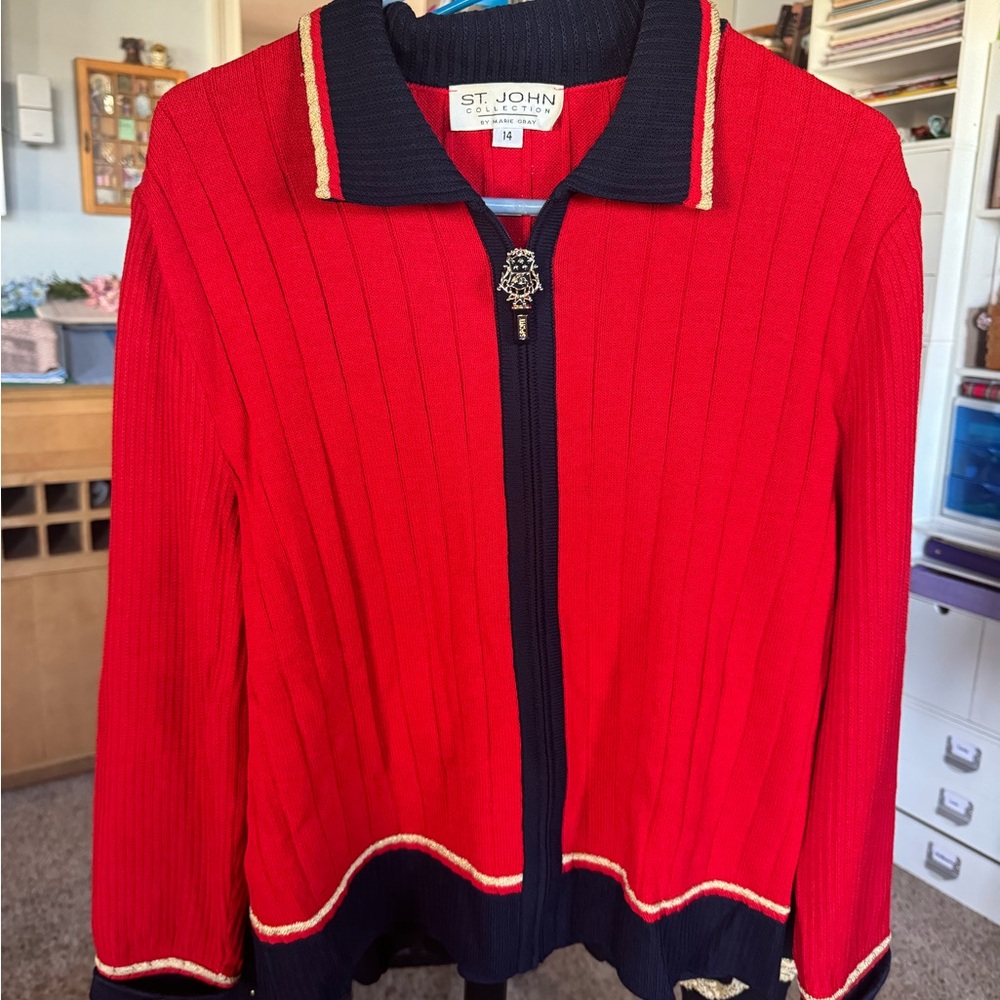 St. John Red and Navy Zip Up Sweater